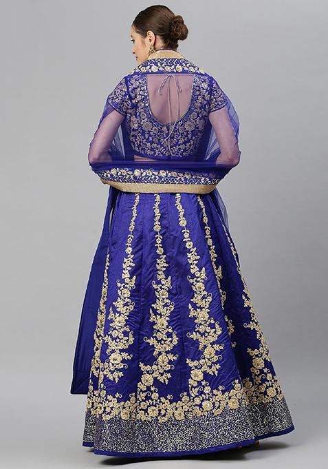 Blue Thread Embroidered Raw Silk Lehenga Set