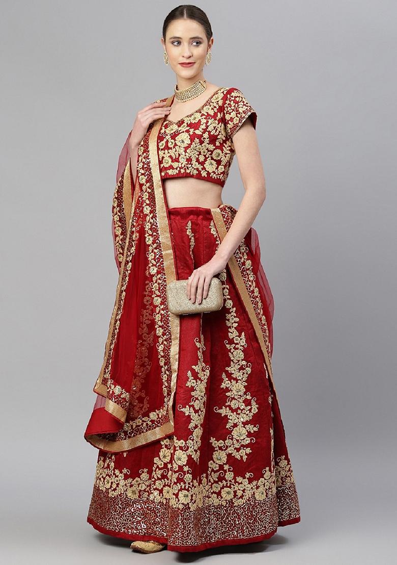 Red Thread Embroidered Raw Silk Lehenga Set