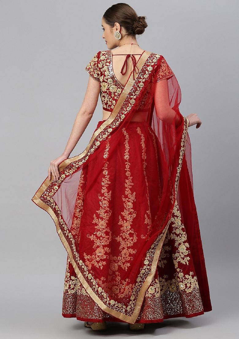 Red Thread Embroidered Raw Silk Lehenga Set
