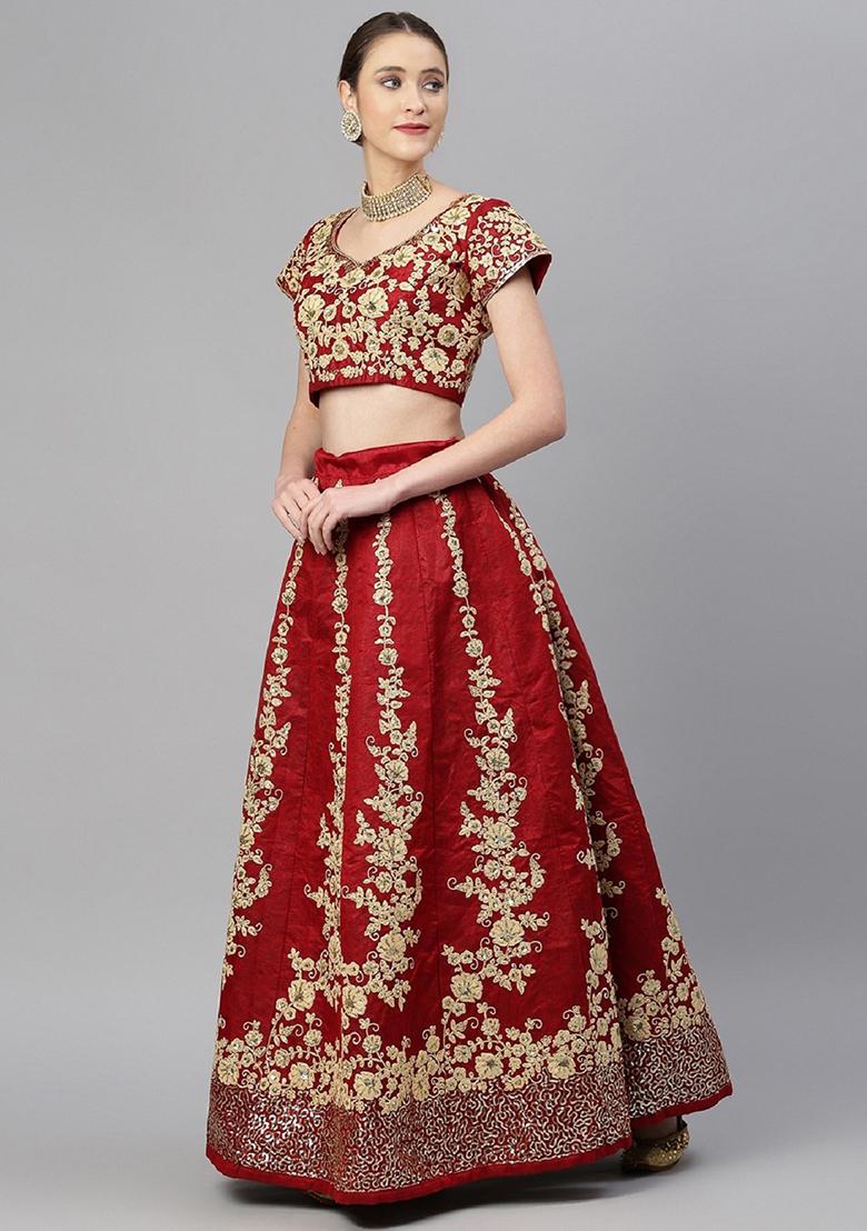 Red Thread Embroidered Raw Silk Lehenga Set