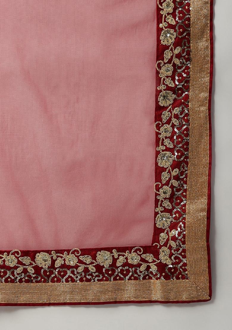 Red Thread Embroidered Raw Silk Lehenga Set