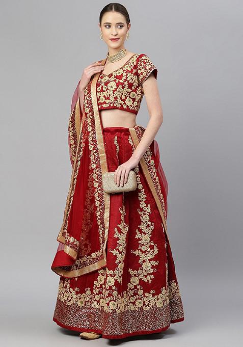 Red Thread Embroidered Raw Silk Lehenga Set