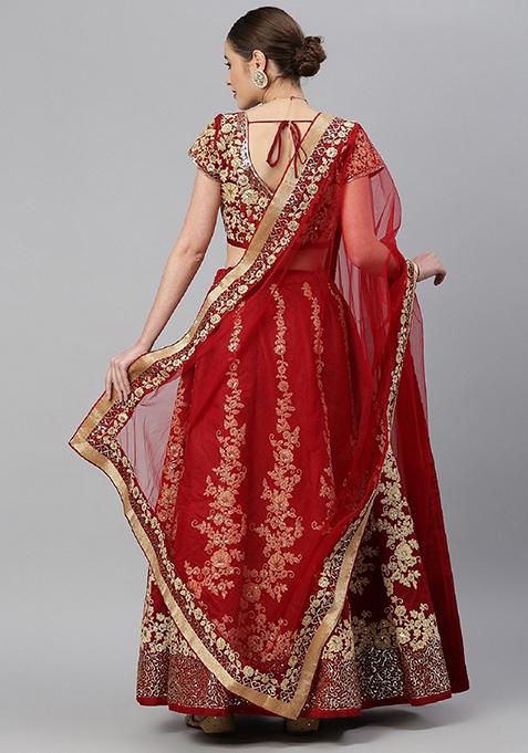 Red Thread Embroidered Raw Silk Lehenga Set