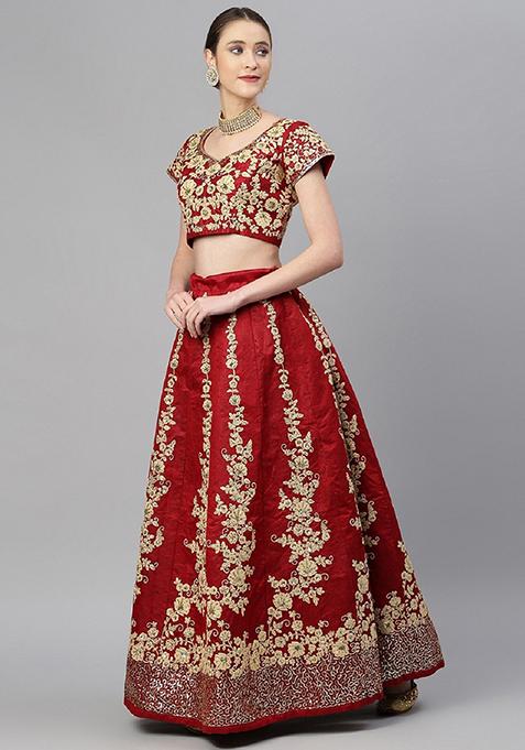Red Thread Embroidered Raw Silk Lehenga Set