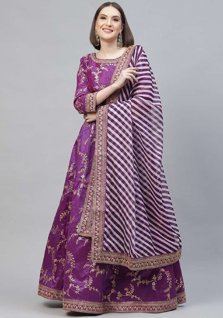 Purple Thread Mulberry Silk Blend Lehenga Set with Embroidered for Diwali | Wedding & Festive Wear - Indya