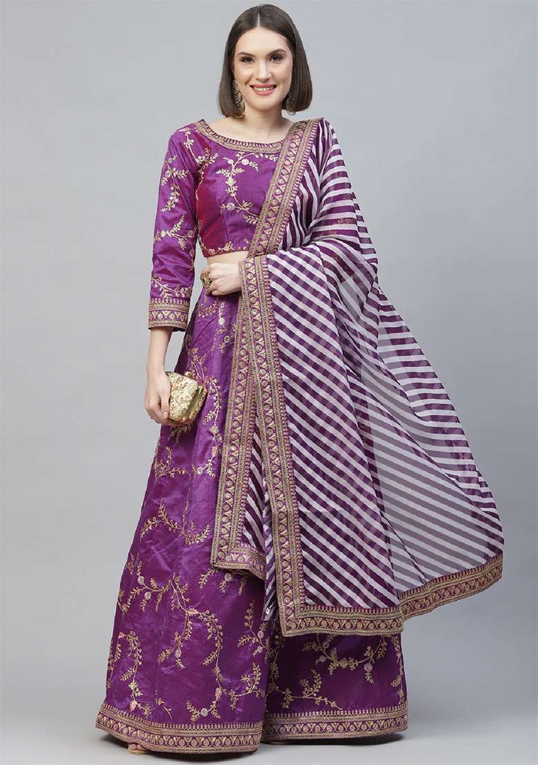 Purple Thread Mulberry Silk Blend Lehenga Set with Embroidered for Diwali | Wedding & Festive Wear - Indya