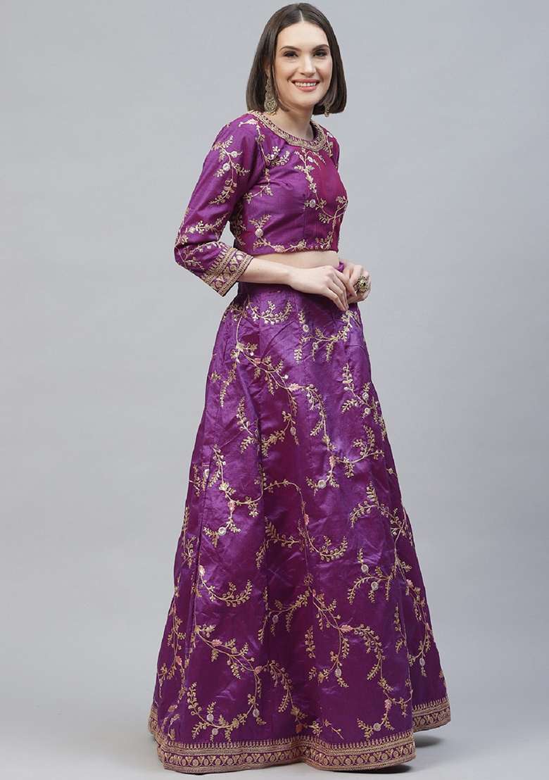 Purple Thread Mulberry Silk Blend Lehenga Set with Embroidered for Diwali | Wedding & Festive Wear - Indya