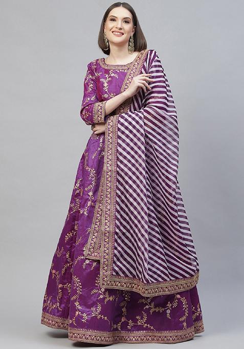 Purple Thread Embroidered Mulberry Silk Lehenga Set