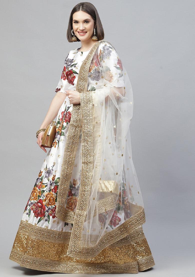 Off White Embroidered Heavy Banglori Silk Lehenga Set