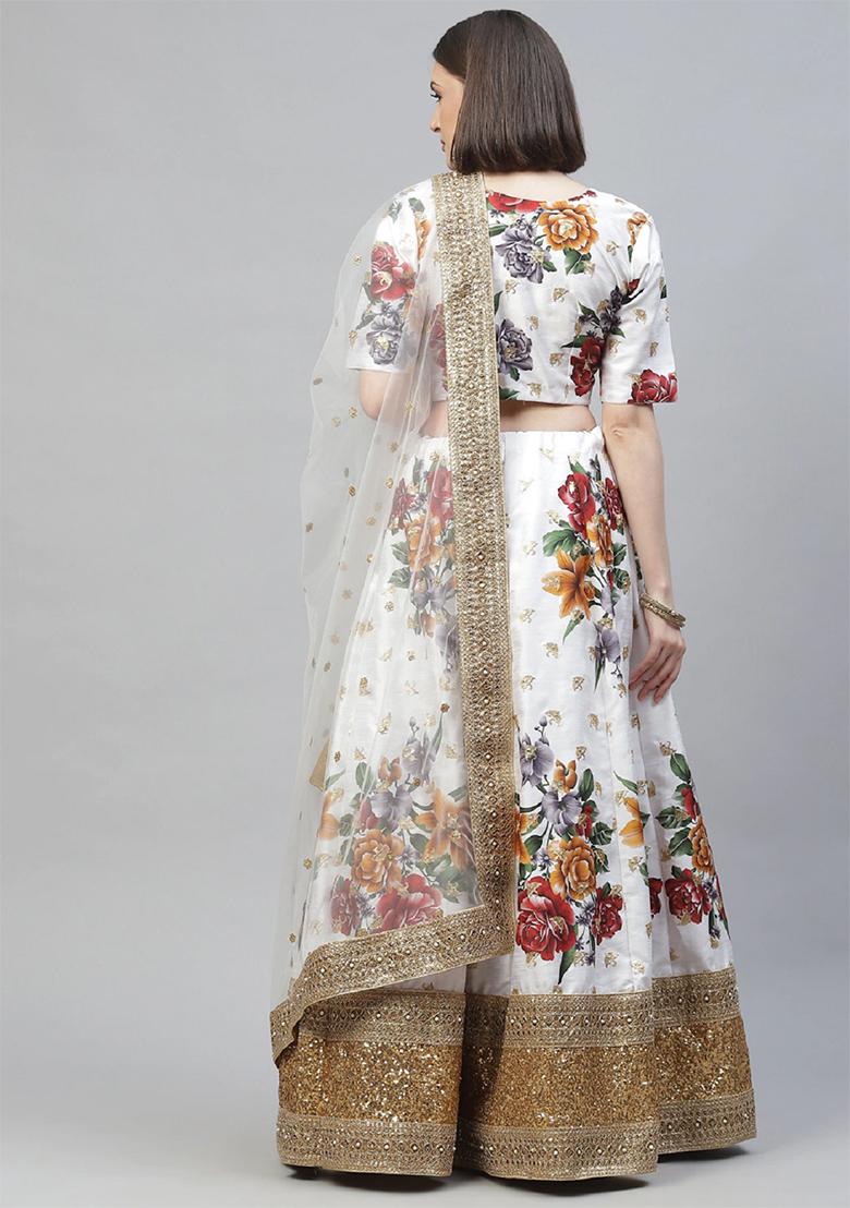 Off White Embroidered Heavy Banglori Silk Lehenga Set
