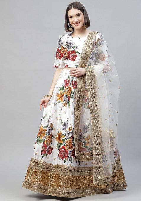 Off White Embroidered Heavy Banglori Silk Lehenga Set