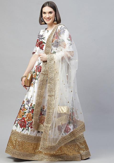 Off White Embroidered Heavy Banglori Silk Lehenga Set