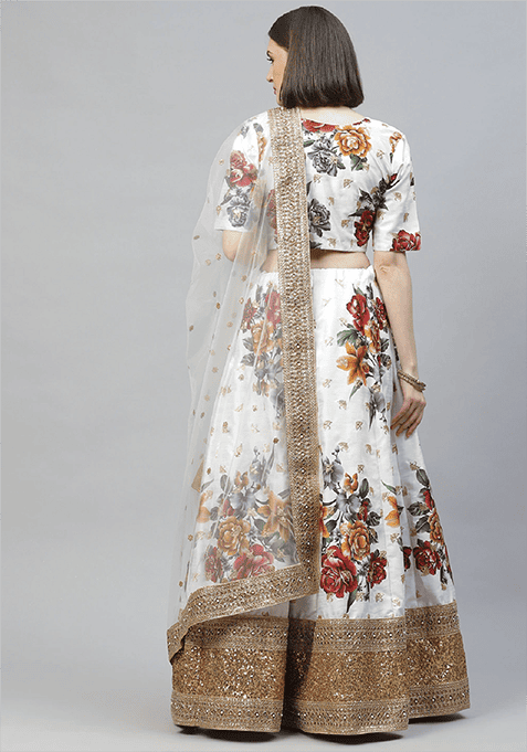 Off White Embroidered Heavy Banglori Silk Lehenga Set