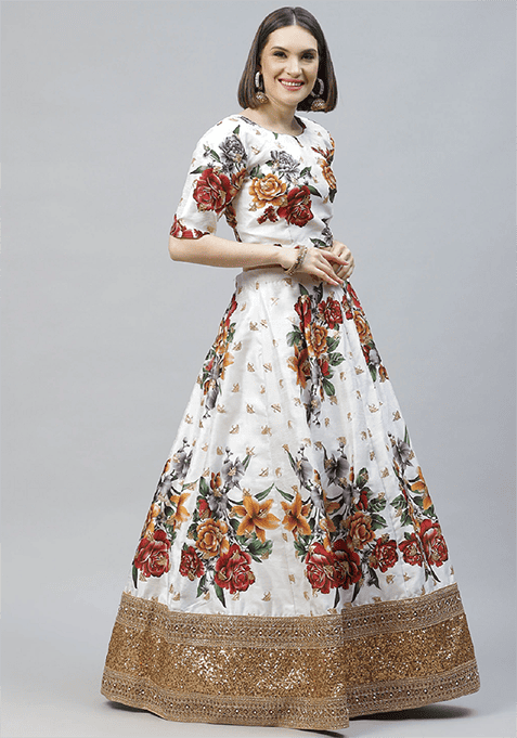 Off White Embroidered Heavy Banglori Silk Lehenga Set