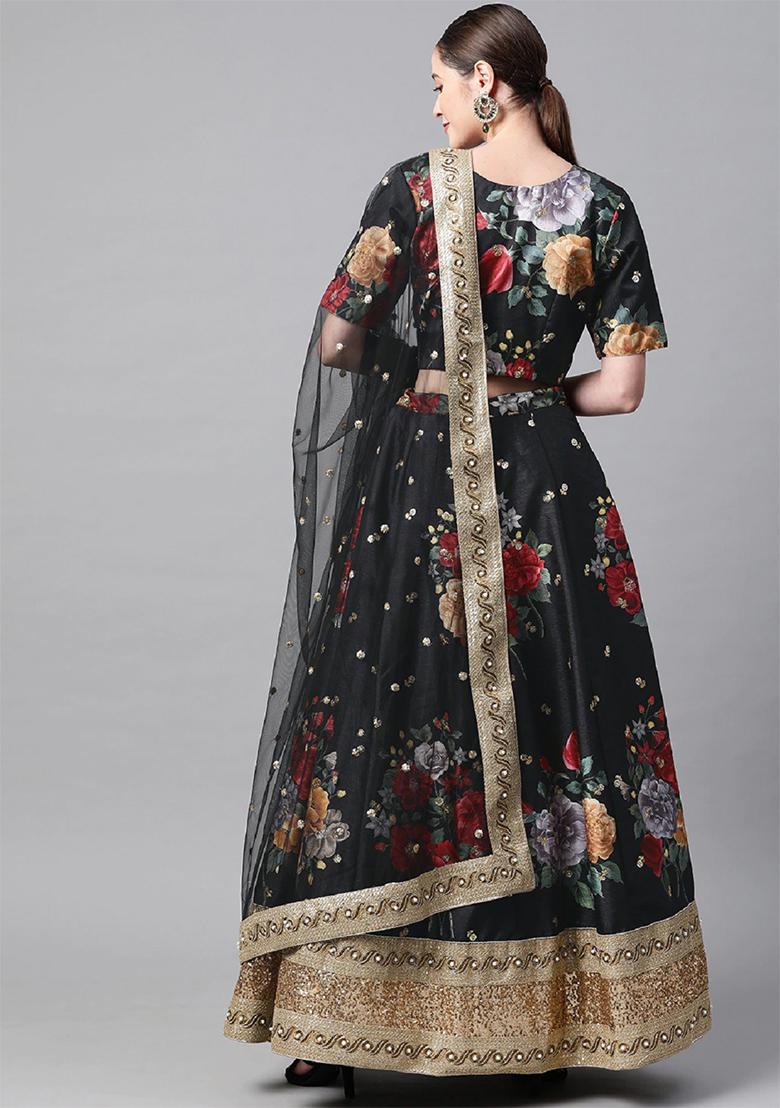 Black Embroidered Heavy Banglori Silk Lehenga Set