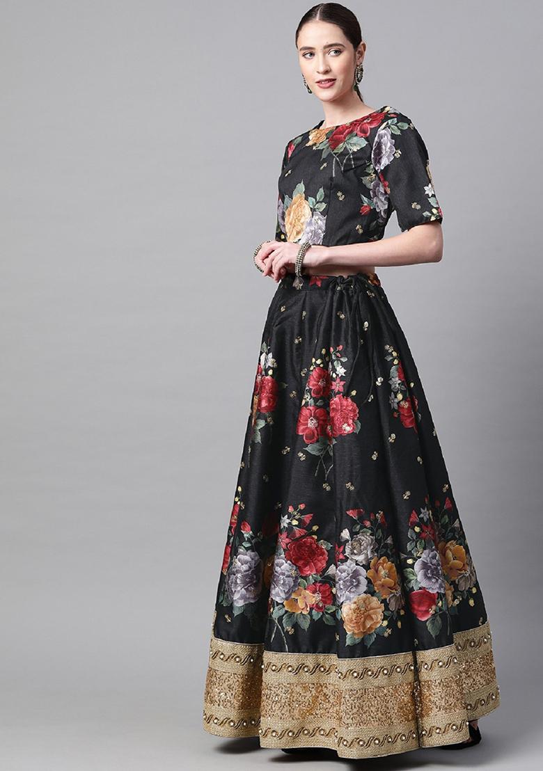 Black Embroidered Heavy Banglori Silk Lehenga Set