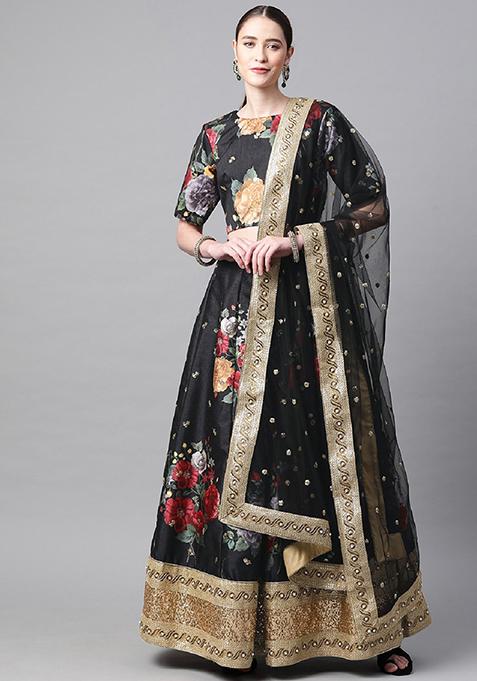 Black Embroidered Heavy Banglori Silk Lehenga Set