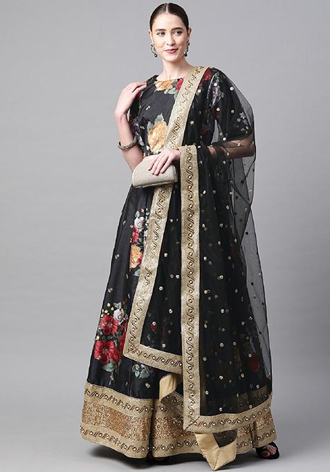 Black Embroidered Heavy Banglori Silk Lehenga Set