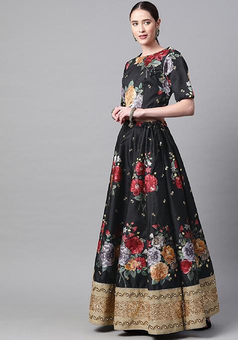 Black Embroidered Heavy Banglori Silk Lehenga Set