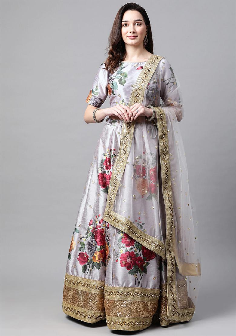 Grey Embroidered Heavy Banglori Silk Lehenga Set