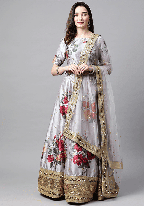 Grey Embroidered Heavy Banglori Silk Lehenga Set