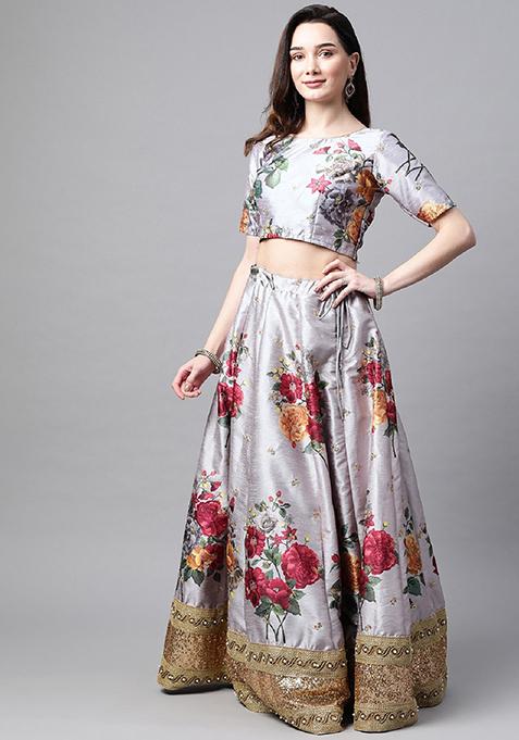 Grey Embroidered Heavy Banglori Silk Lehenga Set
