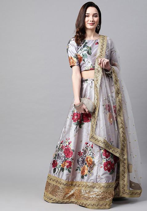 Grey Embroidered Heavy Banglori Silk Lehenga Set