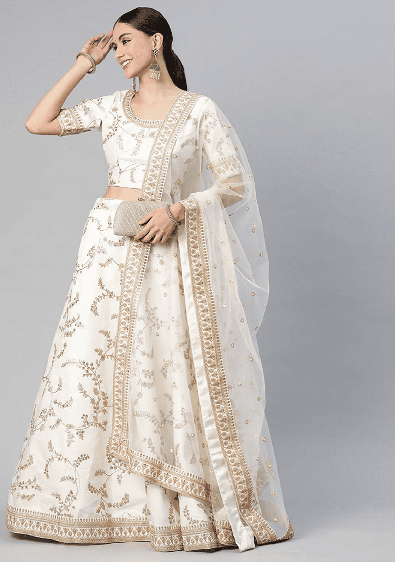White Thread Embroidered Art Silk Lehenga Set