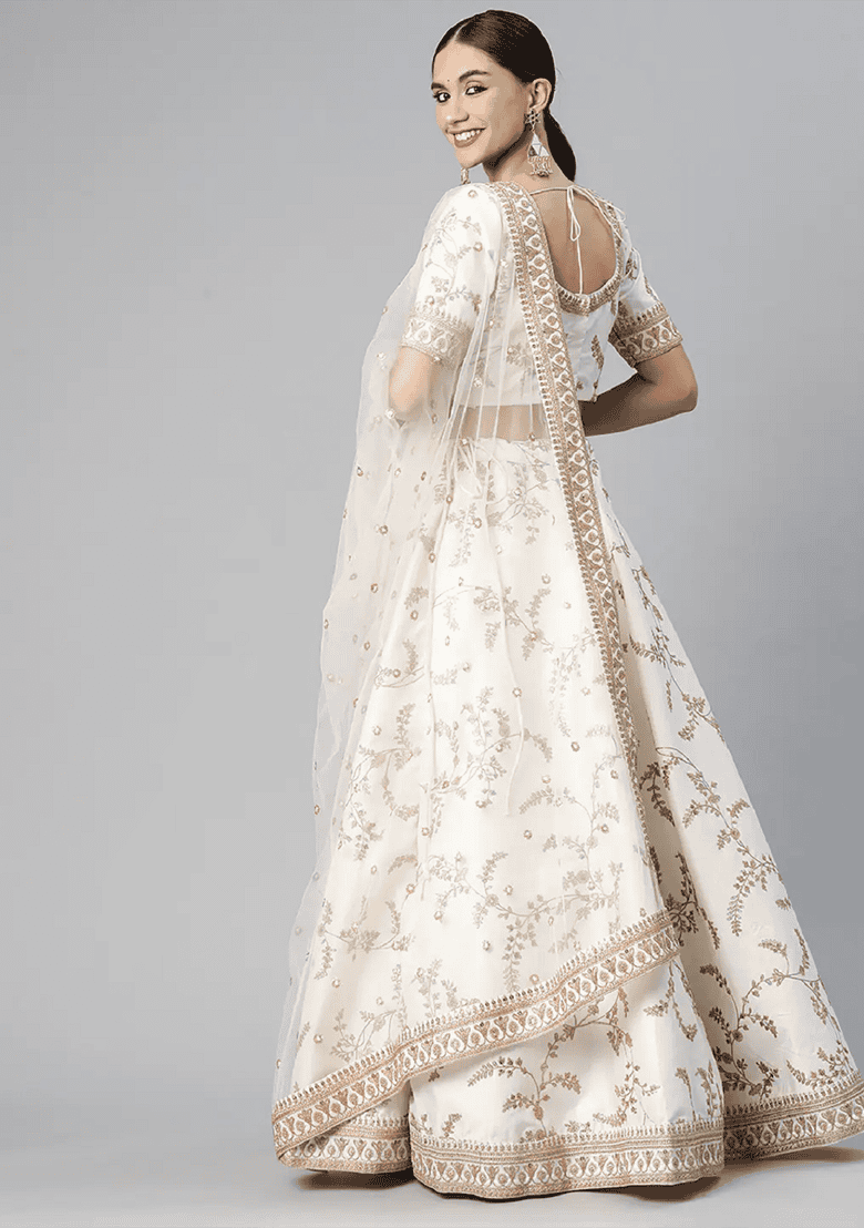 White Thread Embroidered Art Silk Lehenga Set