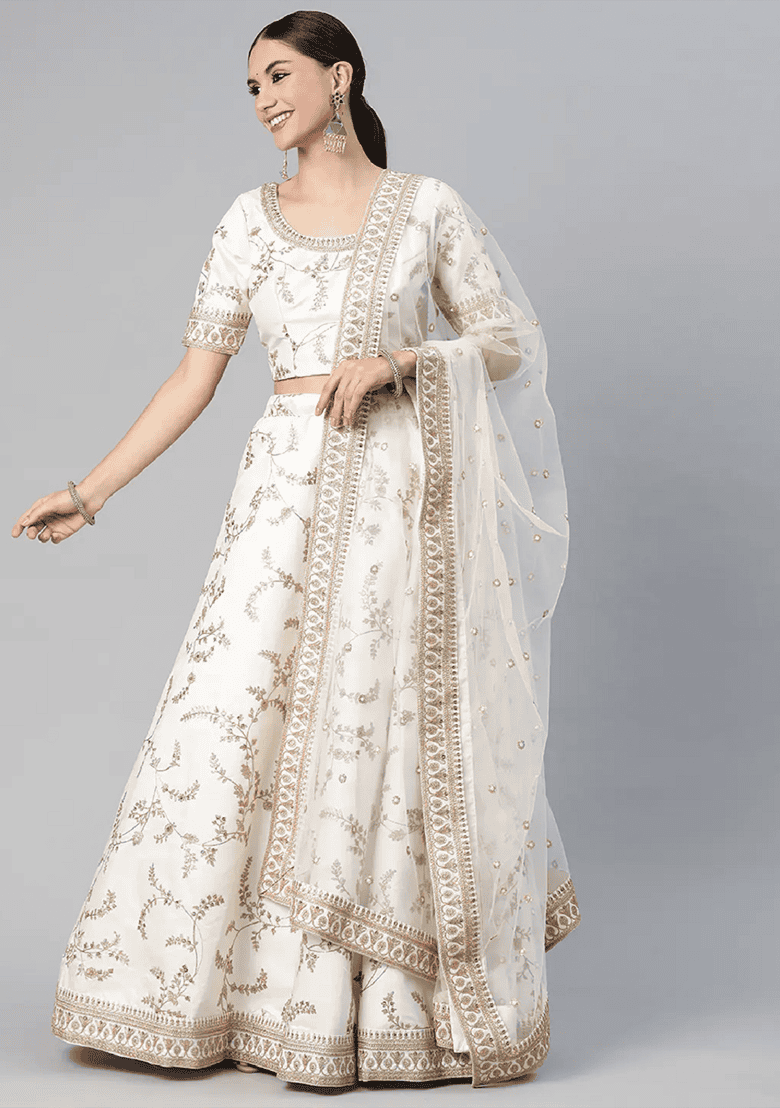 White Thread Embroidered Art Silk Lehenga Set