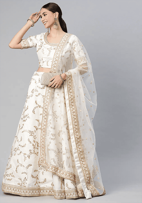 White Thread Embroidered Art Silk Lehenga Set