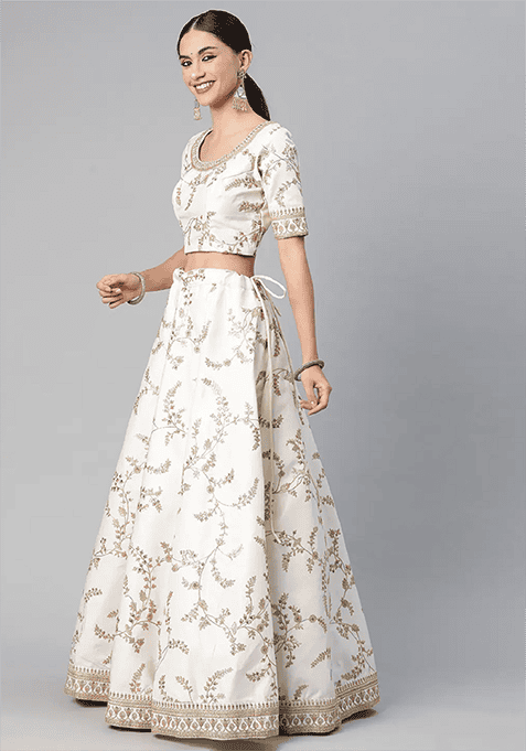 White Thread Embroidered Art Silk Lehenga Set