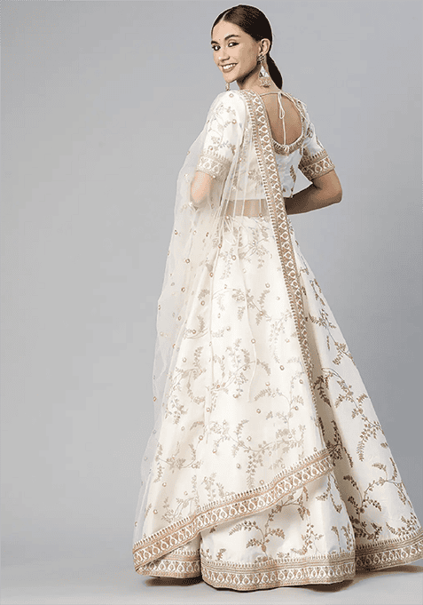 White Thread Embroidered Art Silk Lehenga Set