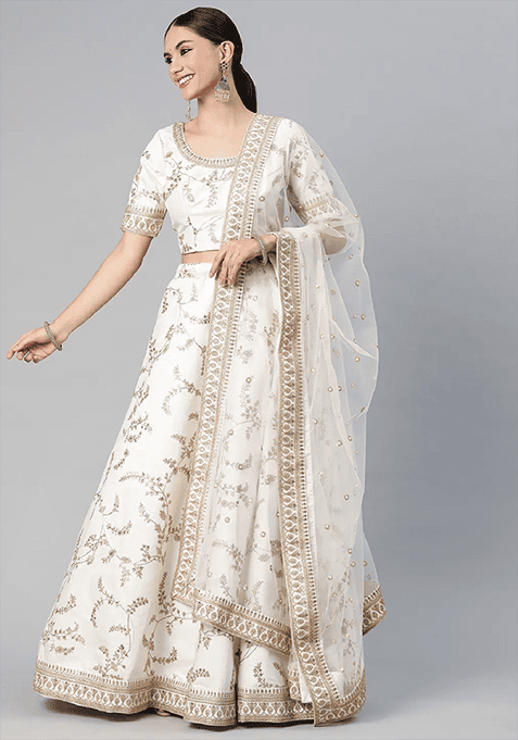 White Thread Embroidered Art Silk Lehenga Set