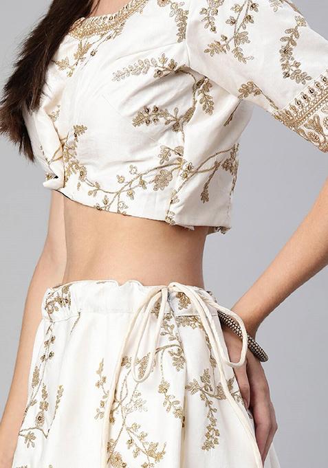 White Thread Embroidered Art Silk Lehenga Set