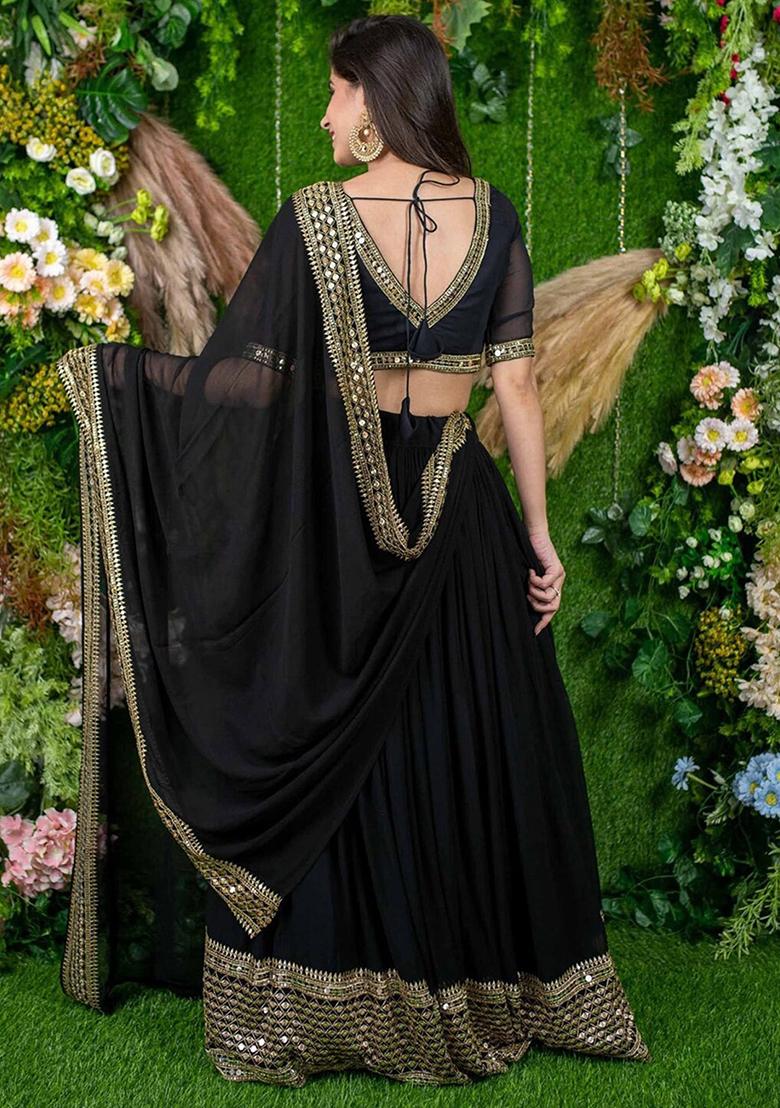 Black Sequin Embroidered Faux Georgette Lehenga Set - Indya