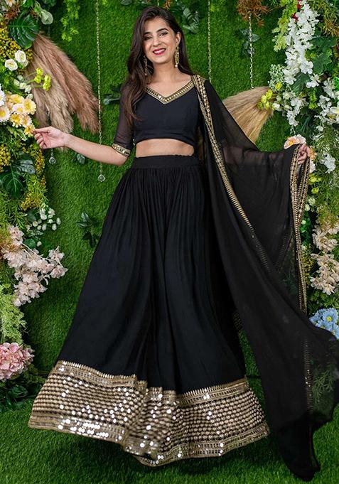 Black Sequin Embroidered Faux Georgette Lehenga Set