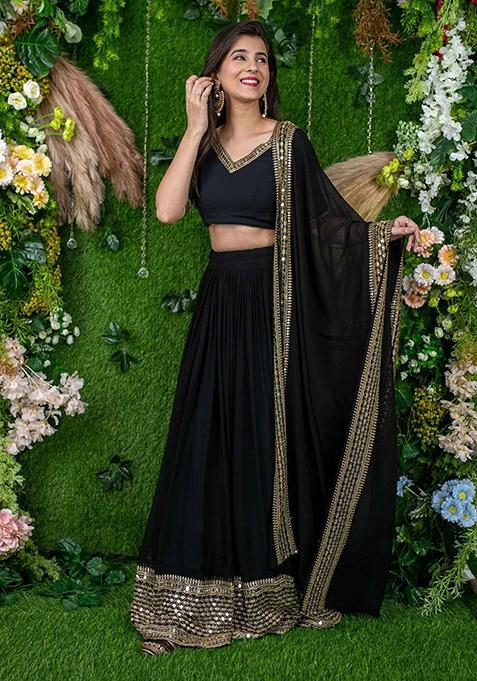 Black Sequin Embroidered Faux Georgette Lehenga Set