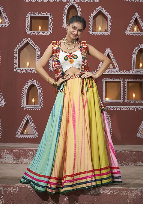 Multicolour Thread Embroidered Poly Maska Silk Lehenga Set