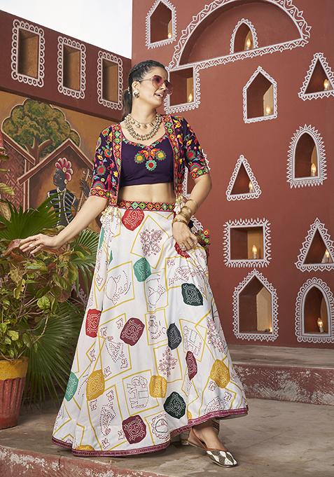 White Thread Embroidered Poly Maska Silk Lehenga Set