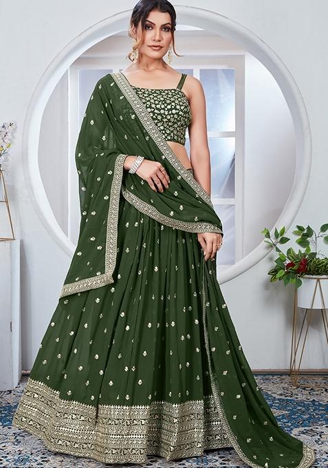 Green Embroidered Georgette Lehenga Set