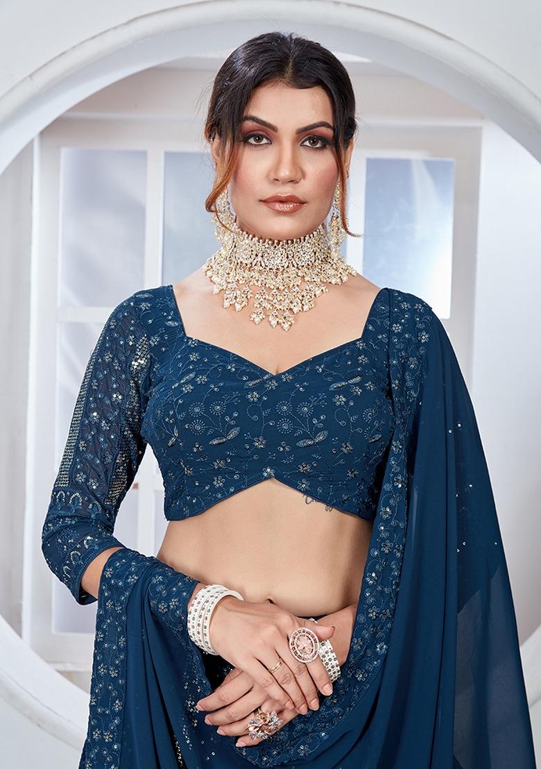 Dark Teal Blue Embroidered Georgette Lehenga Set - Indya