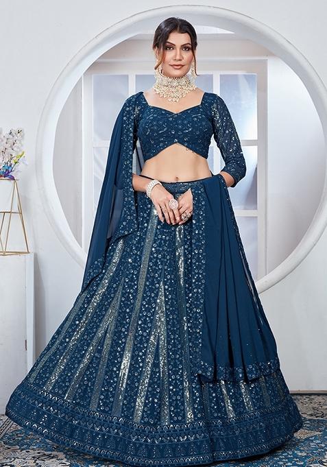 Dark Teal Blue Embroidered Georgette Lehenga Set