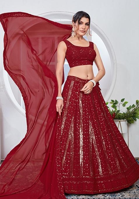 Red Embroidered Georgette Lehenga Set