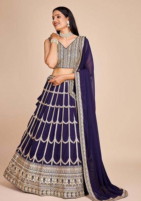 Navy Blue Embroidered Georgette Lehenga Set