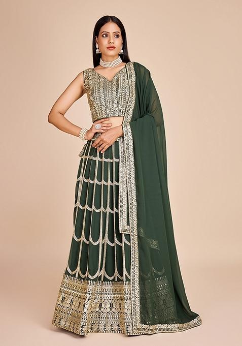 Olive Embroidered Georgette Lehenga Set