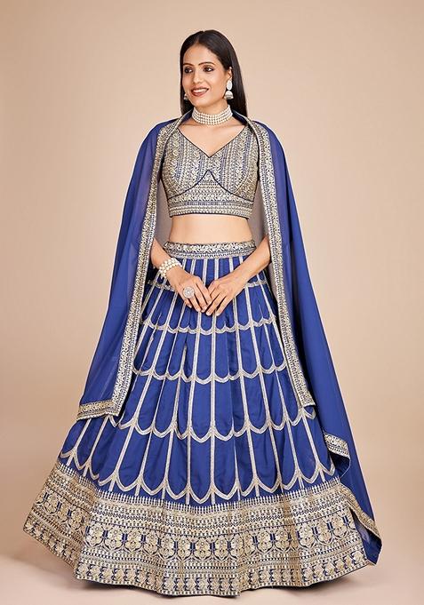 Blue Embroidered Georgette Lehenga Set