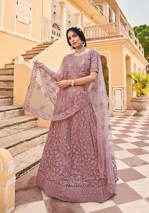 Mauve Embroidered Net Lehenga Set