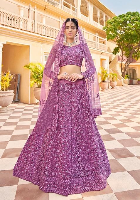 Pink Embroidered Net Lehenga Set