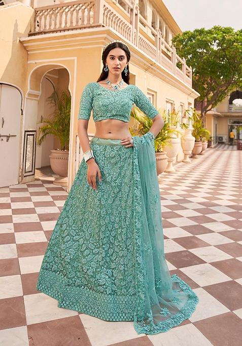 Sky Blue Embroidered Net Lehenga Set